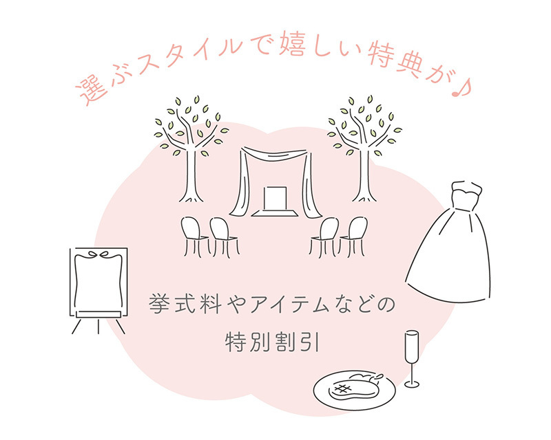 選ぶスタイルで嬉しい特典が♪挙式料やアイテムなどの特別割引